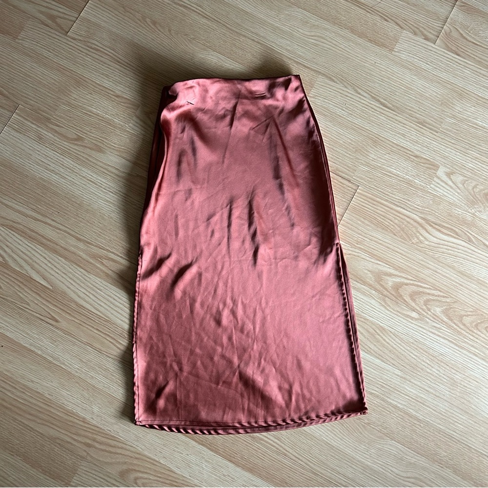 Polly Brown Satin Double Slit Midi Skirt Size 2